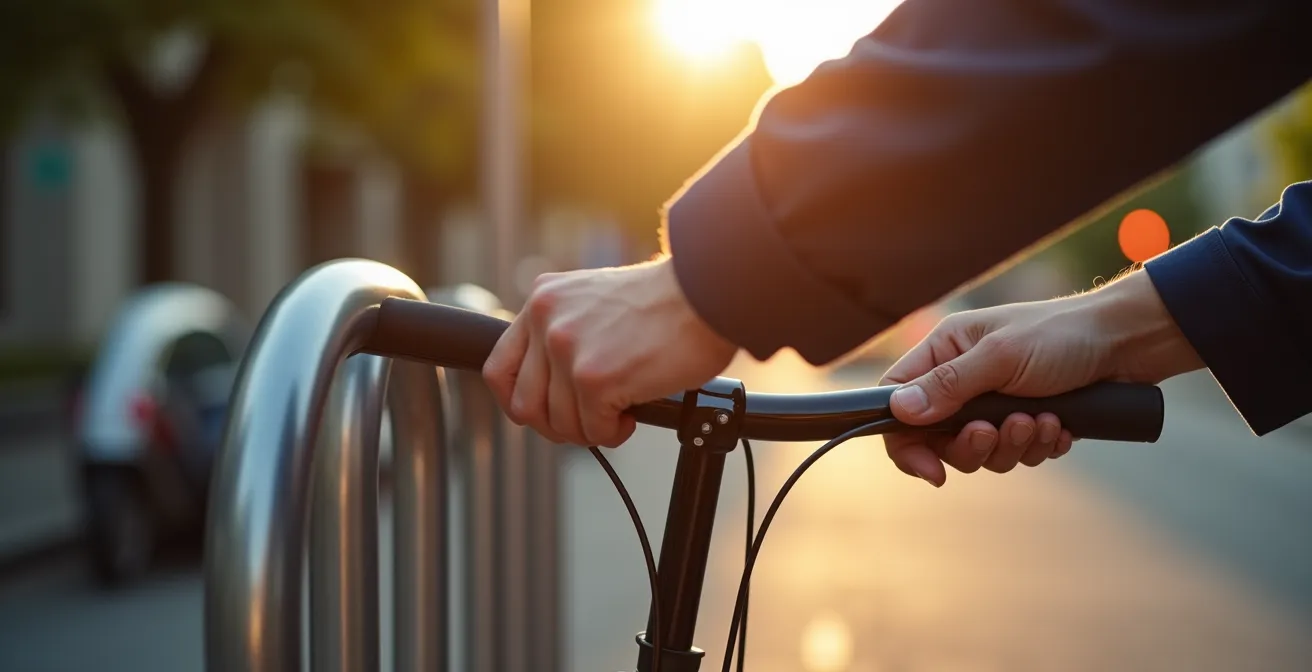 Mains attachant un vélo en hauteur sur un arceau