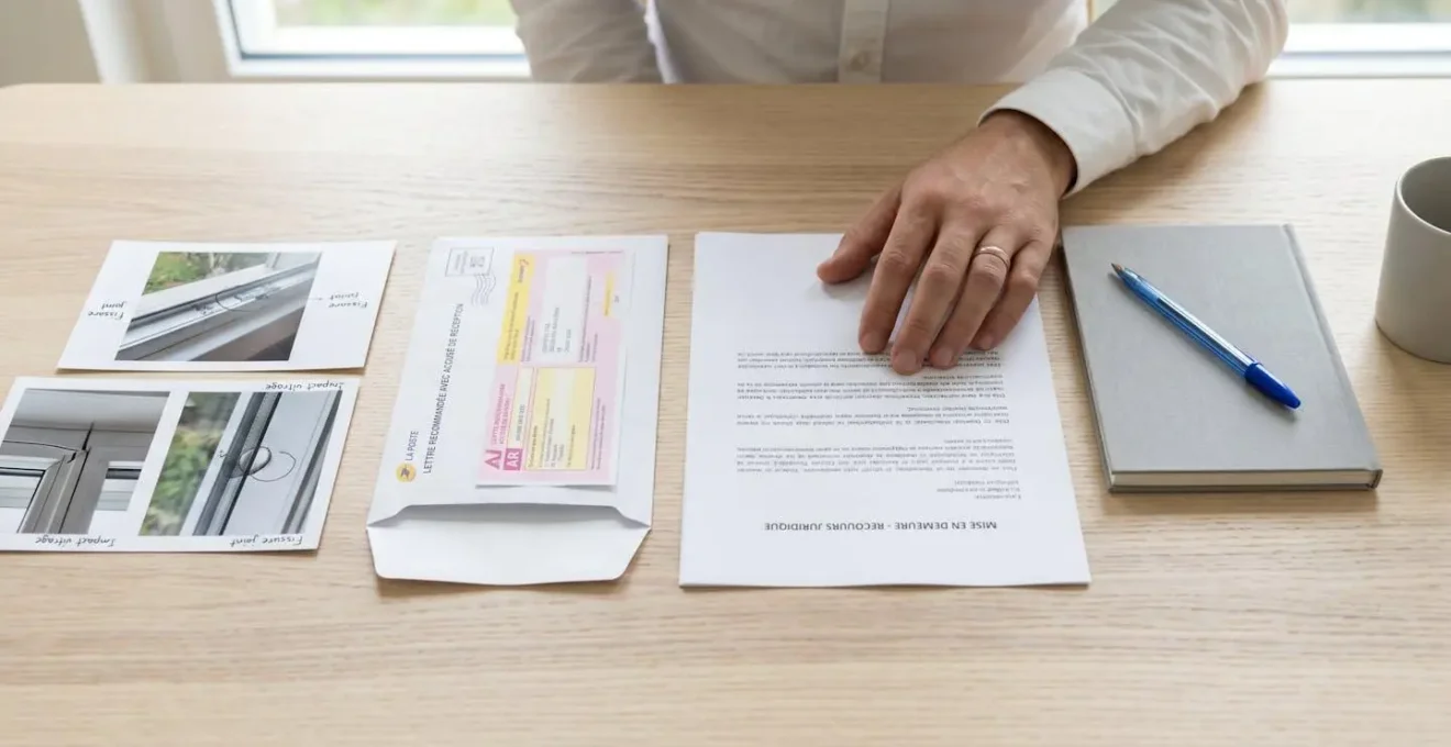 Bureau avec documents procédure recours amiable disposés en séquence : photos défauts fenêtre, lettre recommandée avec AR La Poste, carnet de notes, main consultant les documents