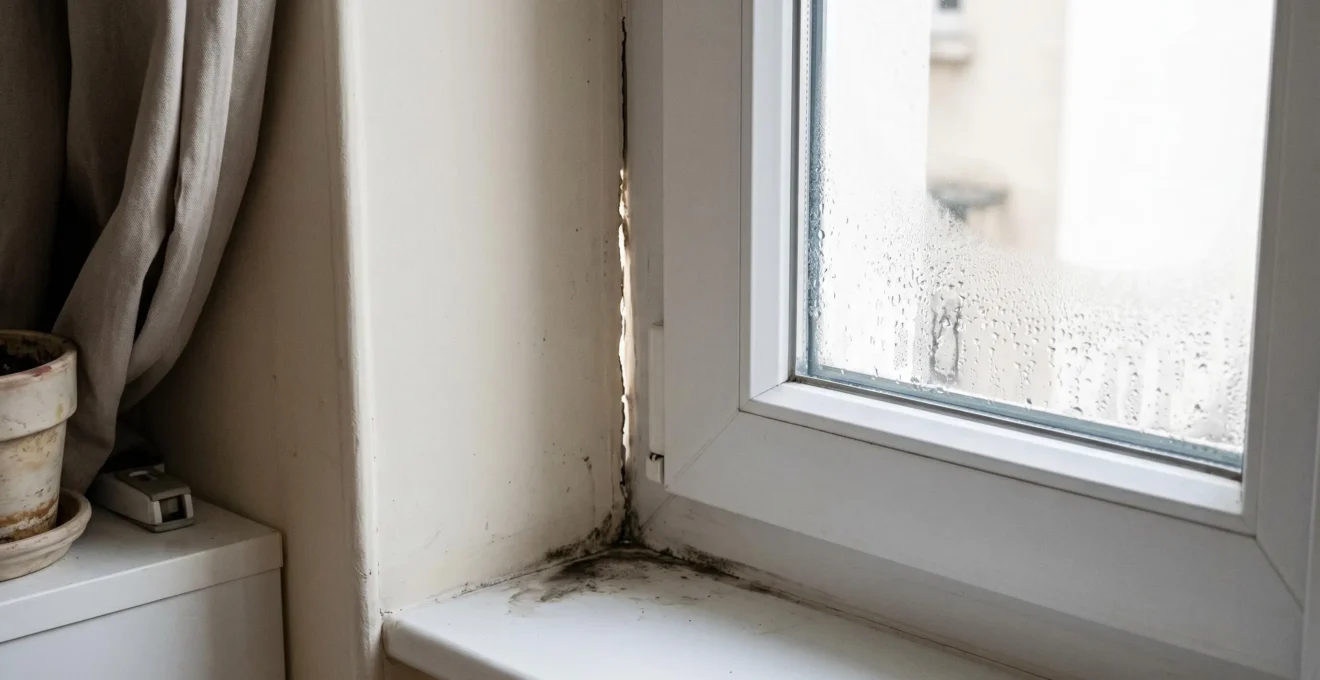 Gros plan fenêtre PVC intérieur présentant trois défauts de pose : condensation sur vitrage bas, trace d'humidité sur appui, jeu visible entre dormant et maçonnerie laissant filtrer la lumière