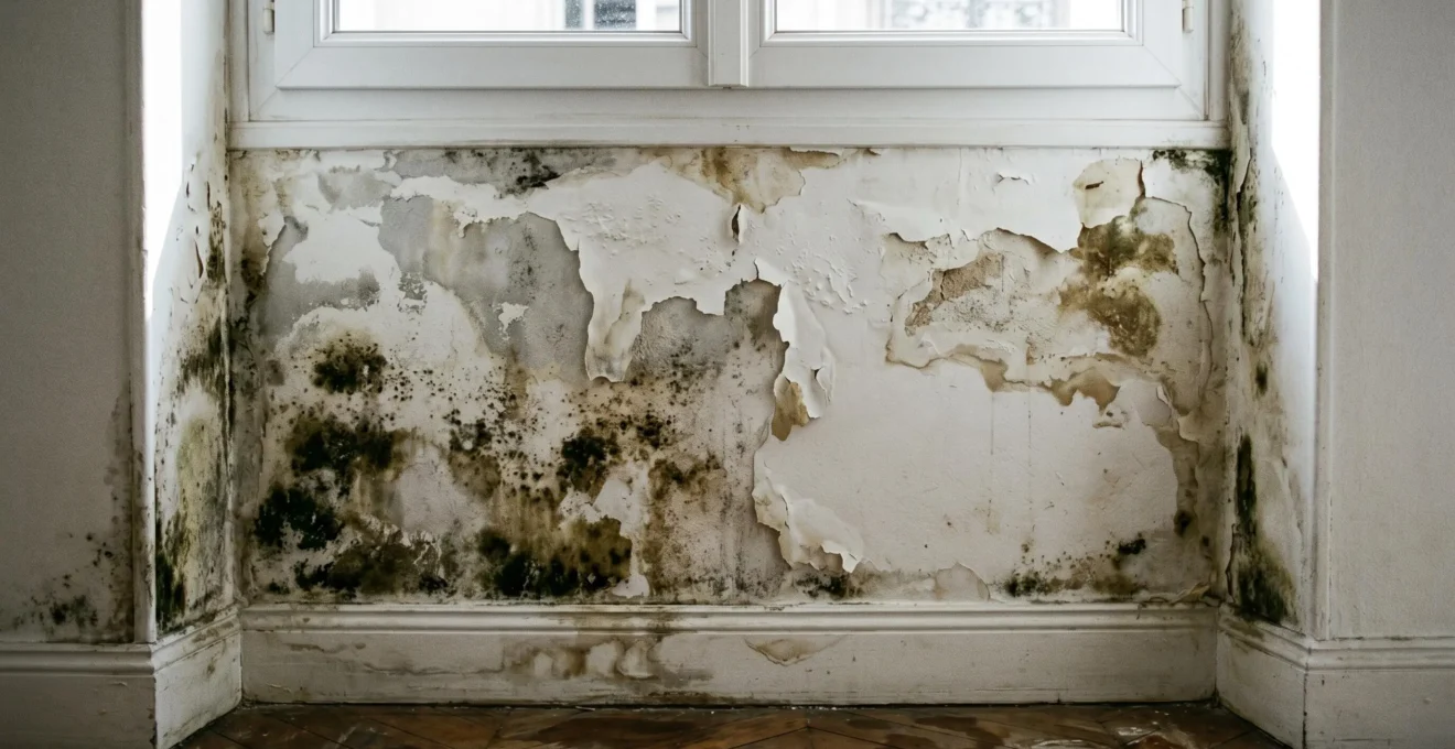 Mur intérieur sous fenêtre présentant dégradation progressive : taches de moisissure noire, peinture cloquée et écaillée, auréoles d'humidité sur plâtre
