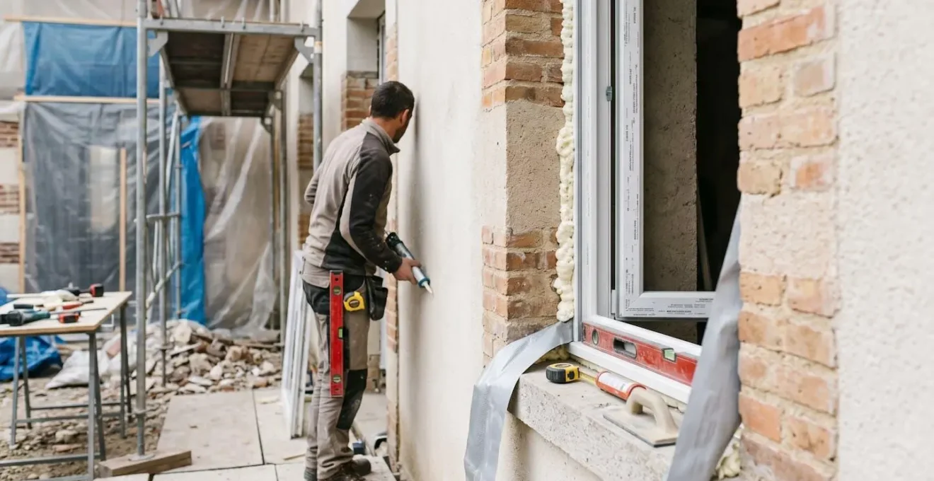 Technicien menuisier installant fenêtre PVC sur chantier rénovation français, focus sur jonction dormant-maçonnerie avec joint périphérique et mousse polyuréthane visible, outils de pose professionnels au premier plan