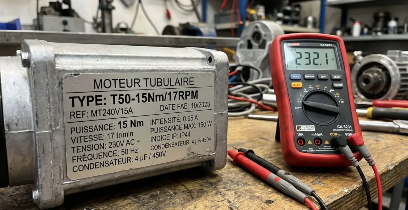Plaque signalétique d'un moteur tubulaire avec multimètre pour vérification des spécifications techniques