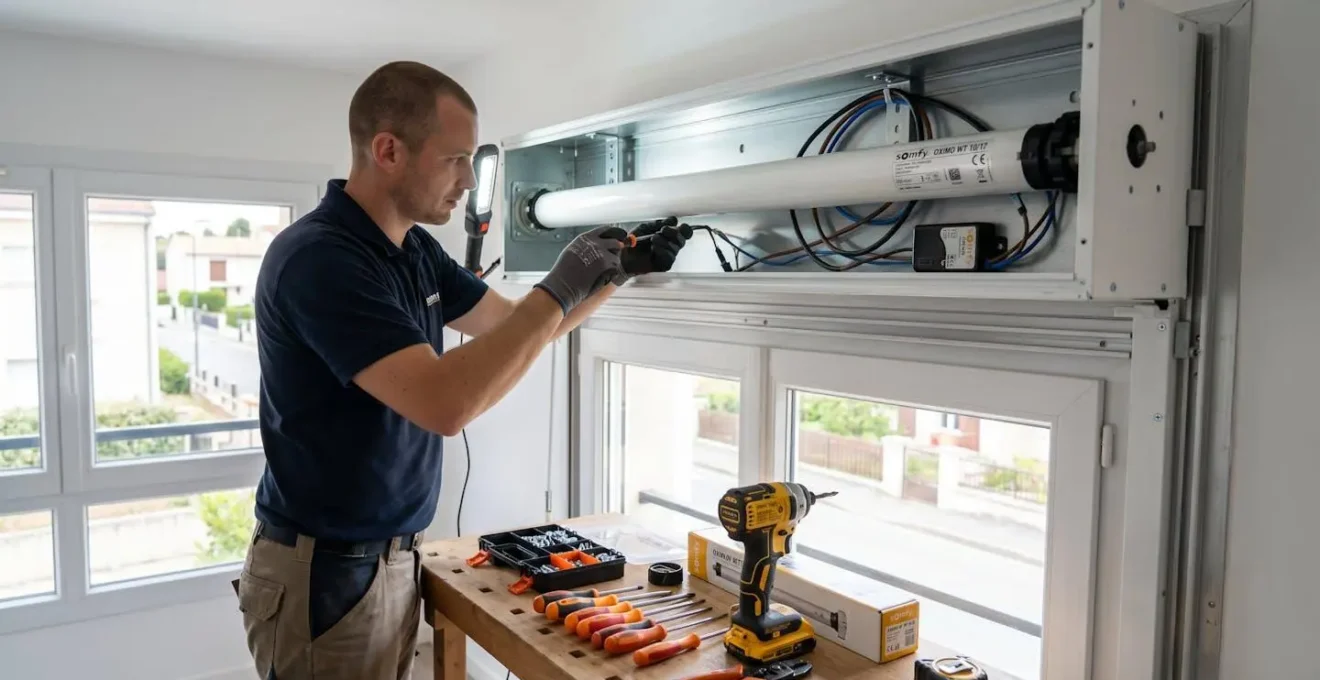 Technicien professionnel installant un moteur tubulaire dans un coffre de volet roulant avec outils spécialisés