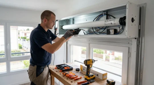 Technicien professionnel installant un moteur tubulaire dans un coffre de volet roulant avec outils spécialisés