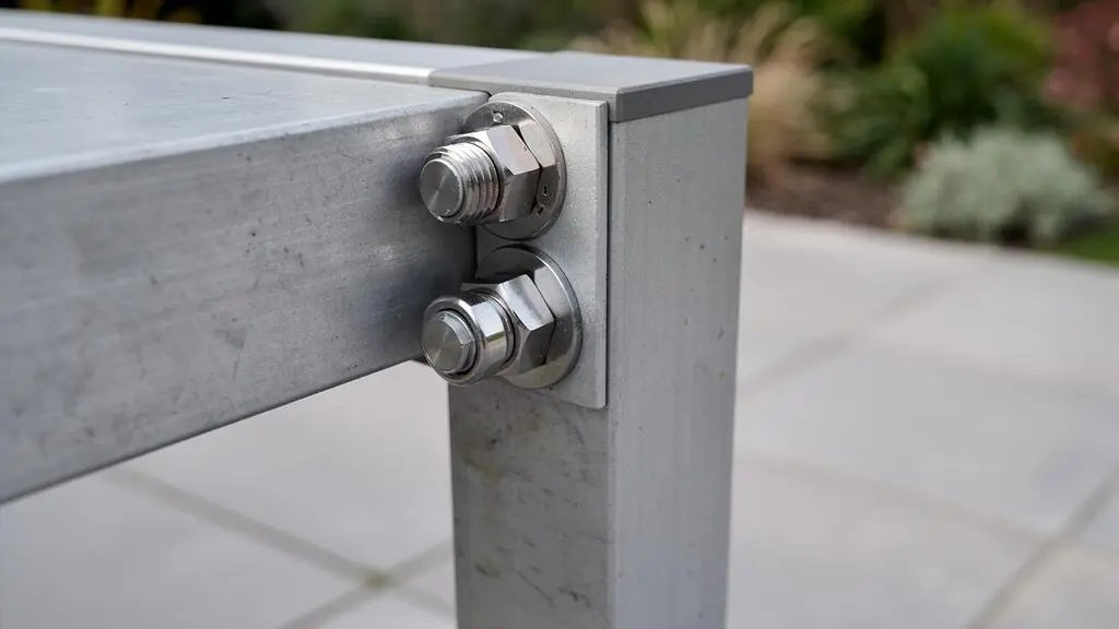 Gros plan sur une fixation structurelle en aluminium et acier inoxydable d'une pergola