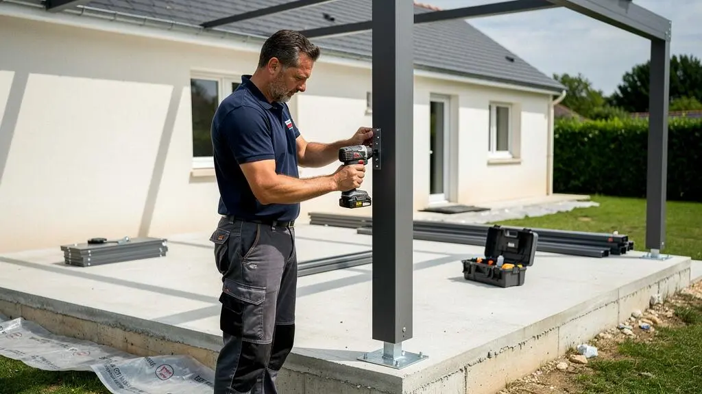 Professionnel installant un poteau de pergola en aluminium sur une terrasse en Vendée