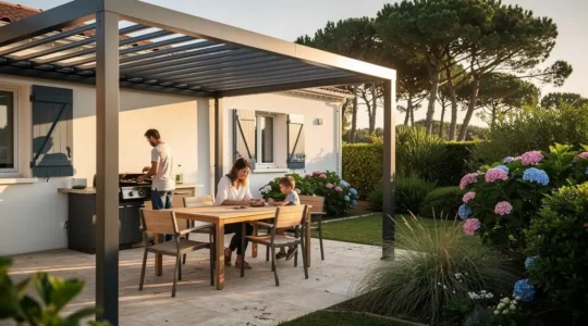 Famille utilisant une terrasse couverte par une pergola à lames orientables dans un jardin vendéen