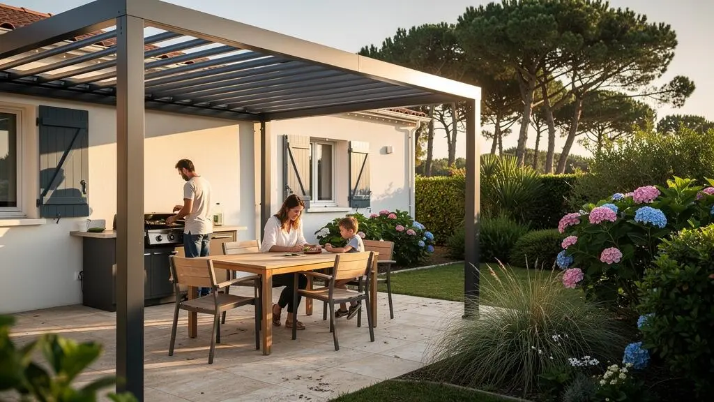 Famille utilisant une terrasse couverte par une pergola à lames orientables dans un jardin vendéen