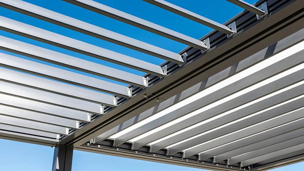 Vue en contre-plongée d'un système de lames orientables en aluminium sur une pergola